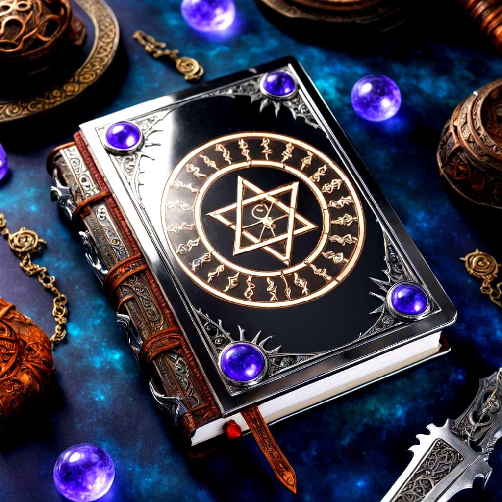 Epic High Fantasy Spellbook with Glowing Runes and Cosmic Ge...