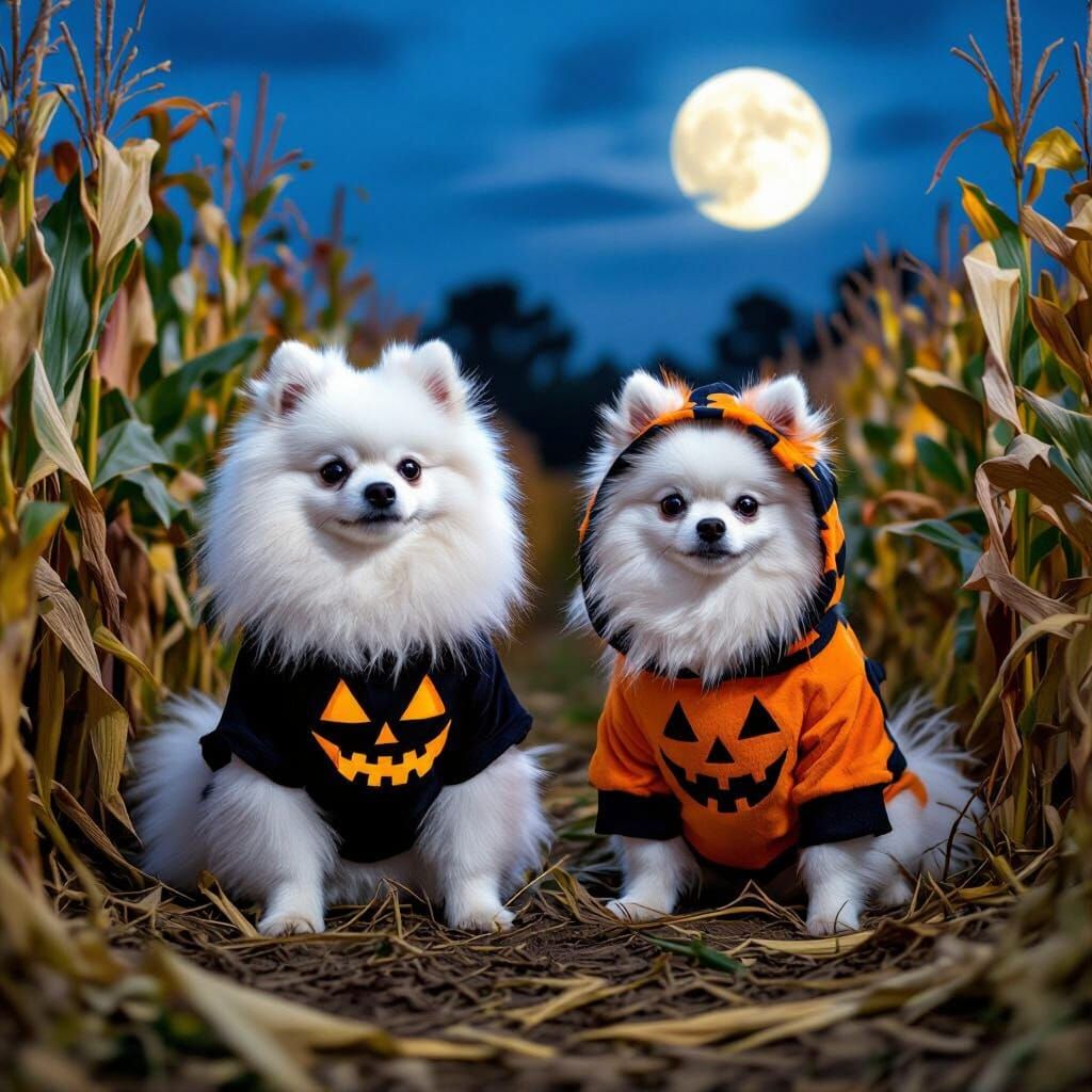 White Pomeranian in Halloween Costume at Haunted Corn Maze