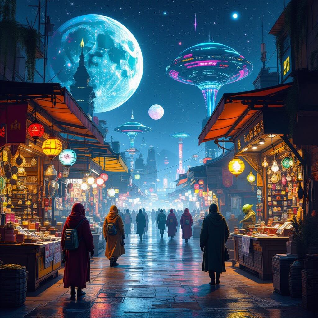 Vibrant Alien Market Scene in 8k Digital Art