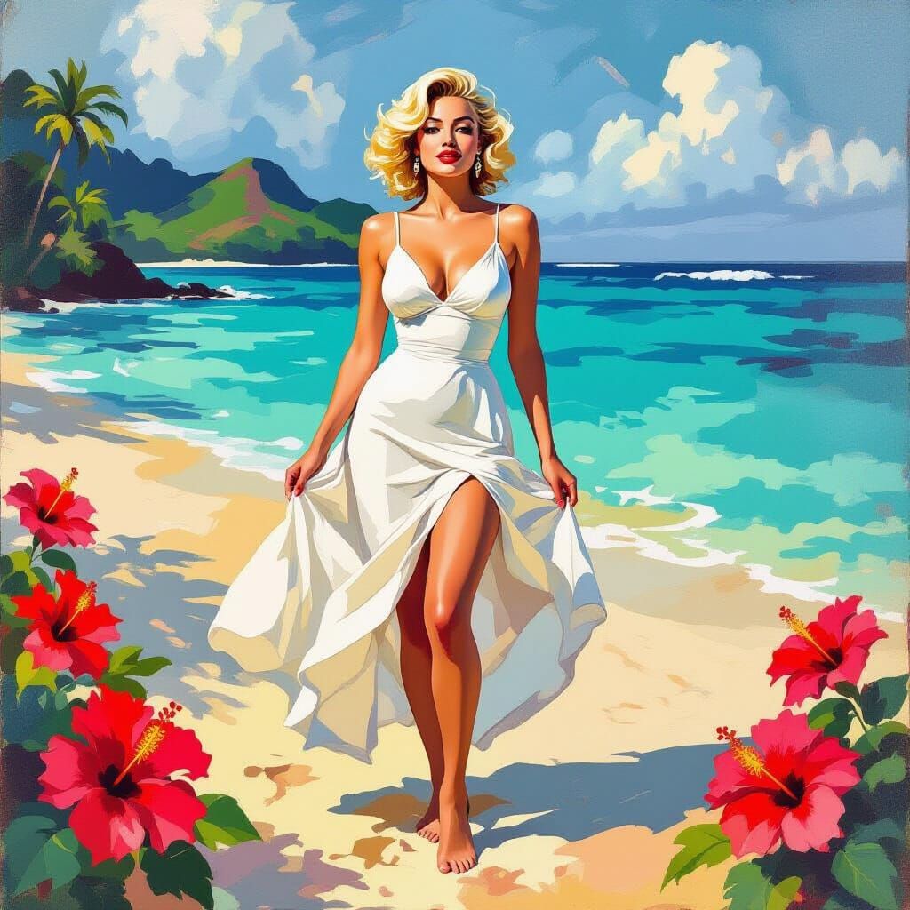 Marilyn Monroe on Tropical Beach as Impasto Painting