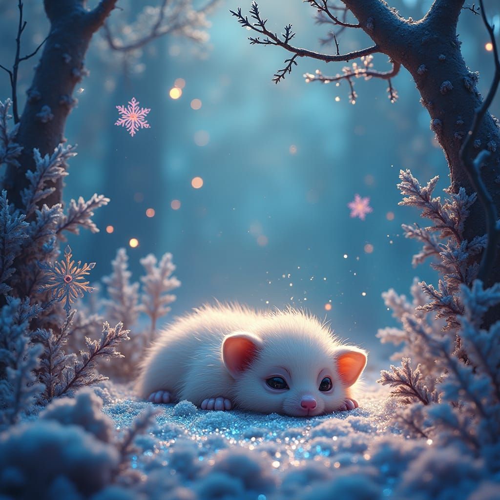 Magical Landscape with Glittering Snowflakes and Sleeping Cr...