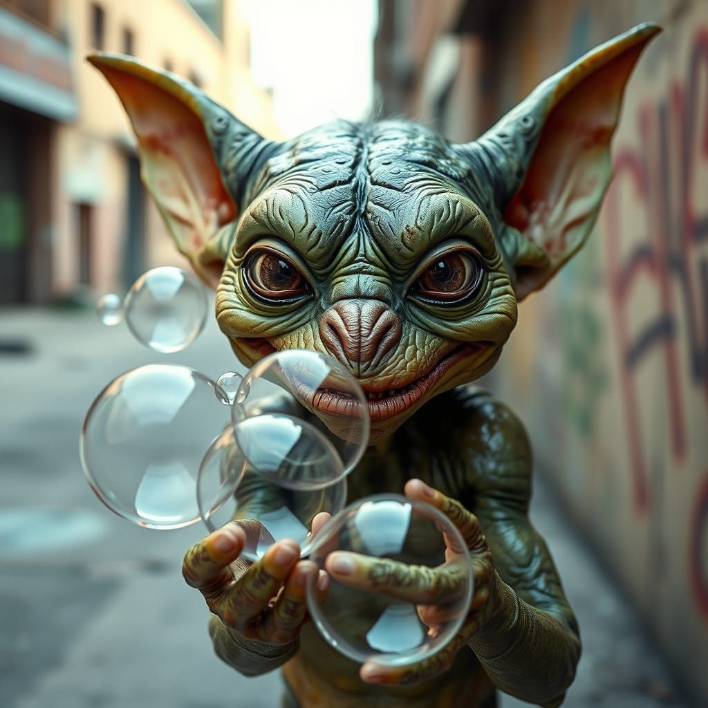 Mischief in the City: Hyper-Realistic Gremlin Portrait