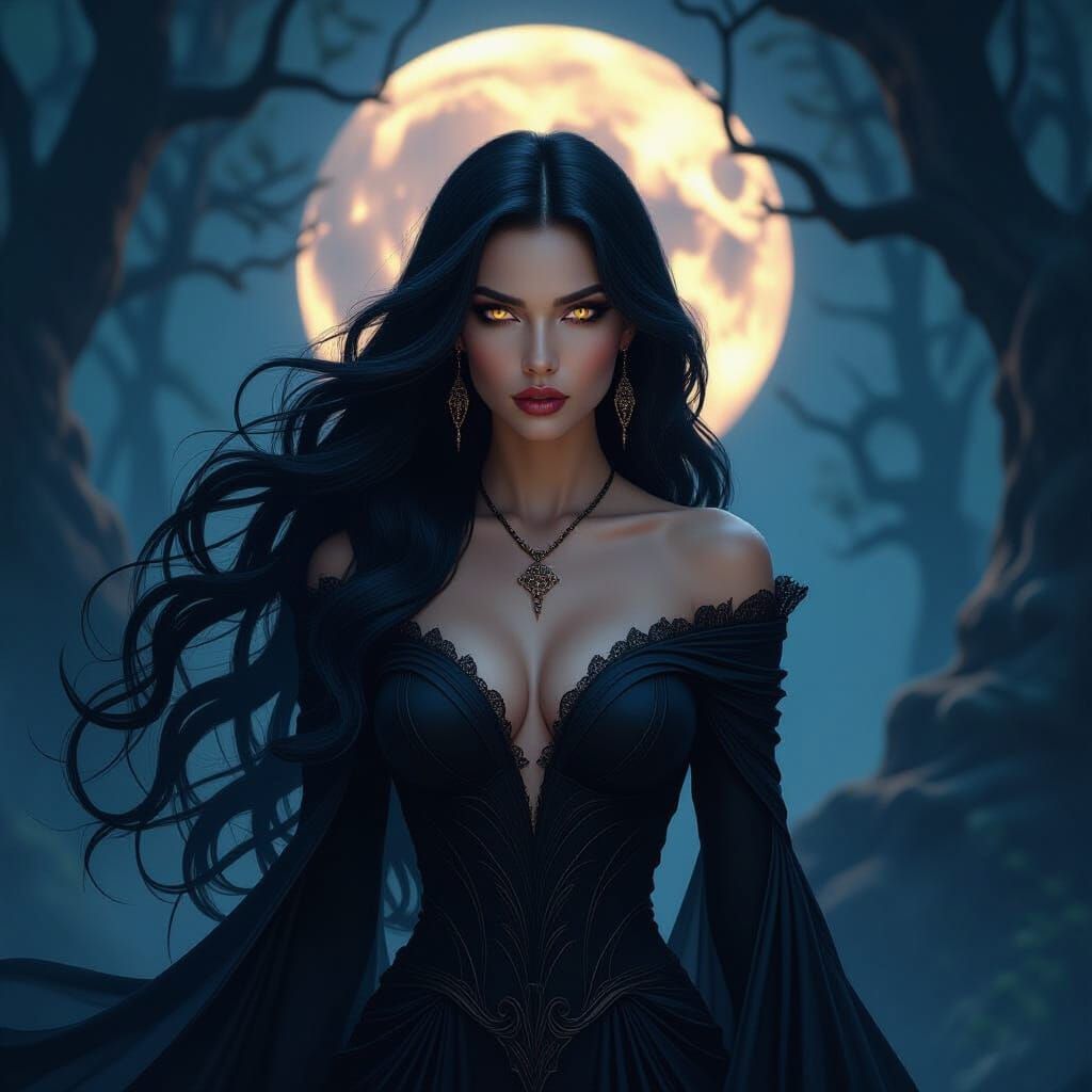 Goddess of Shadow in Moonlit Forest, Dramatic Lighting
