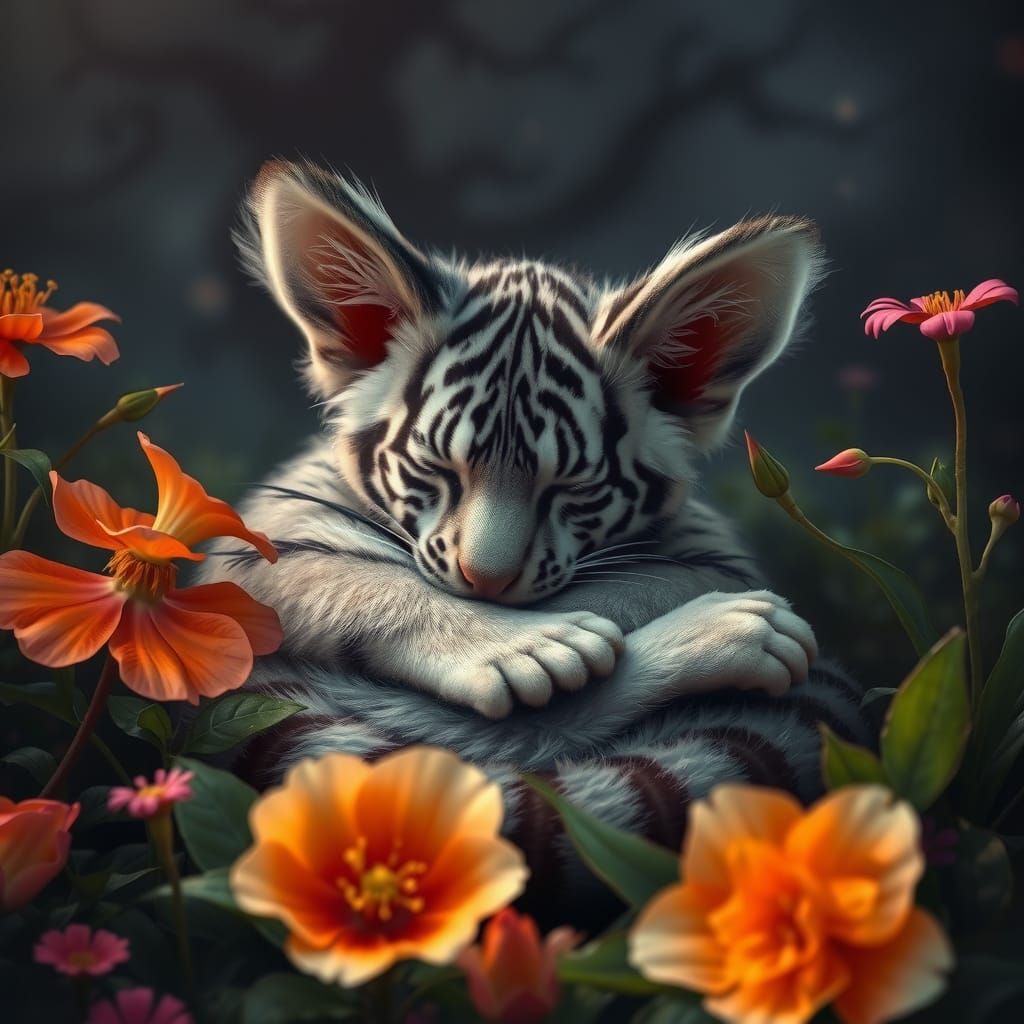 Tiger Cub with Lemur Ears in Dreamlike Realm