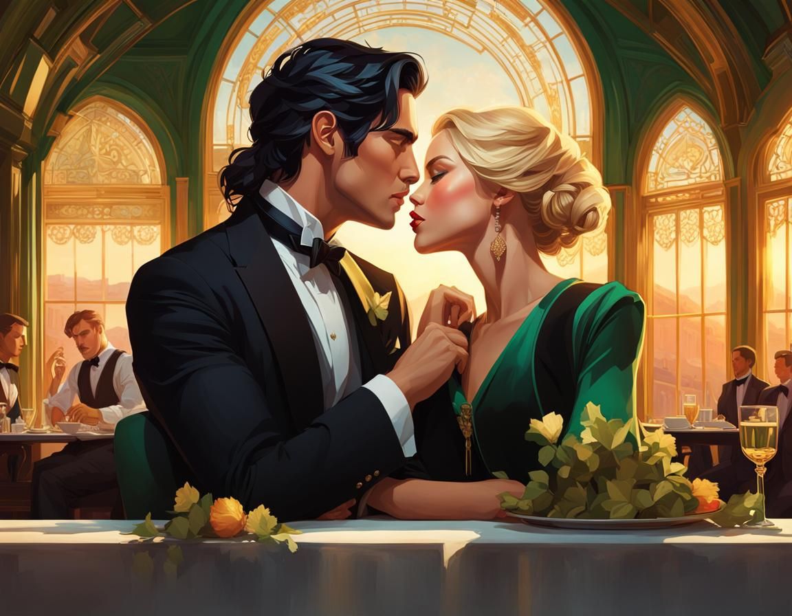 Romantic Kiss in Restaurant: Digital Art Portrait