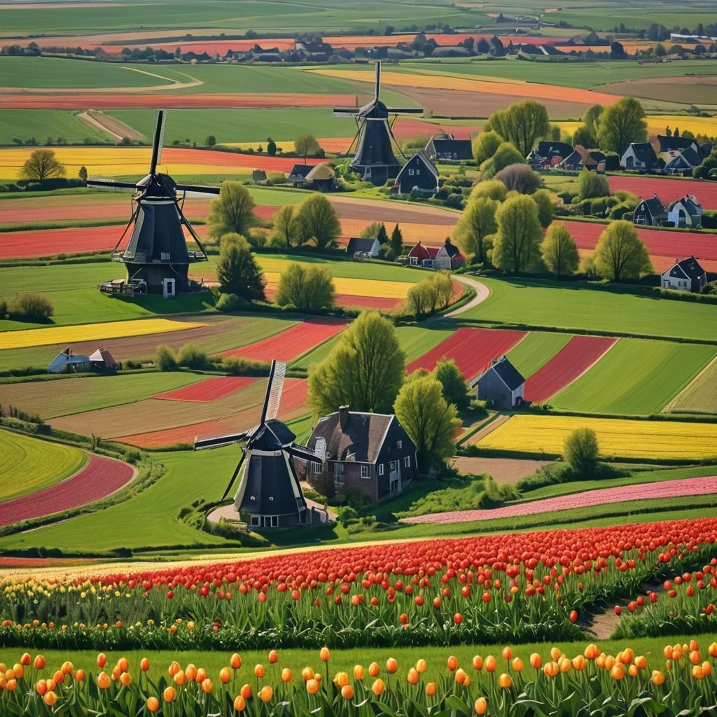Dutch Windmills and Tulips in Golden Light