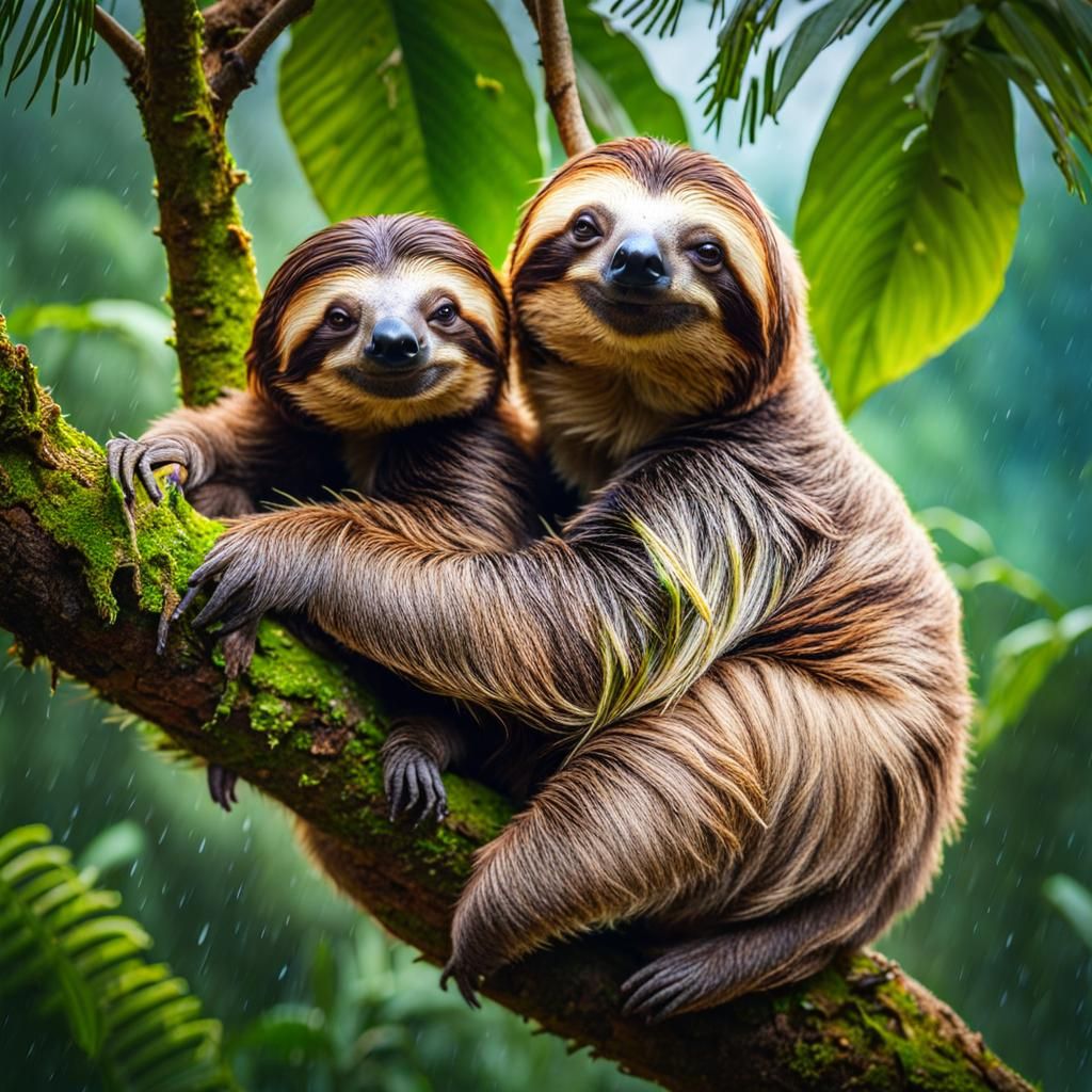 Adorable Sloth Family Portrait in Rainforest