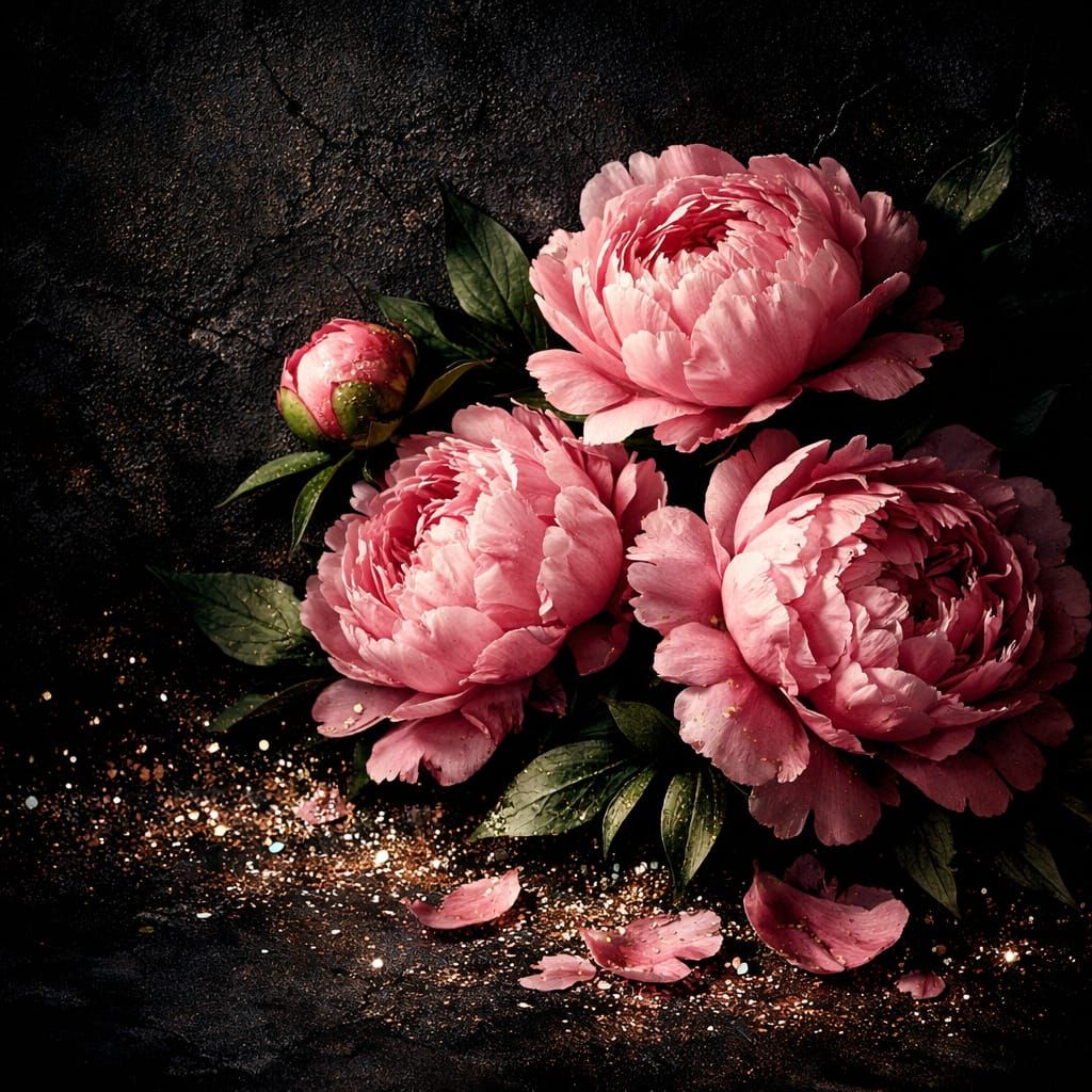 Peonies with Glitter on Dark Textured Background