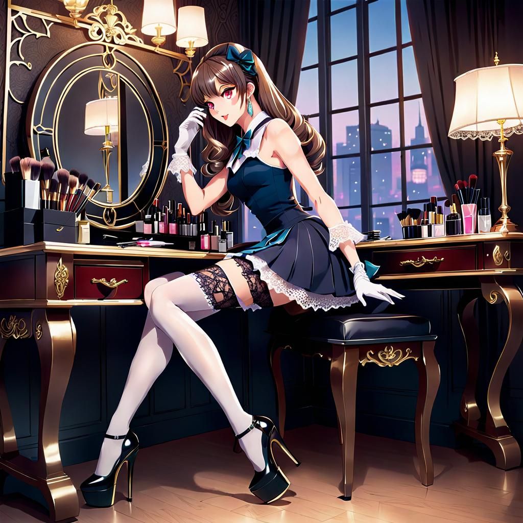 Glamorous Anime Girl at Makeup Table in Cel-Shaded Style