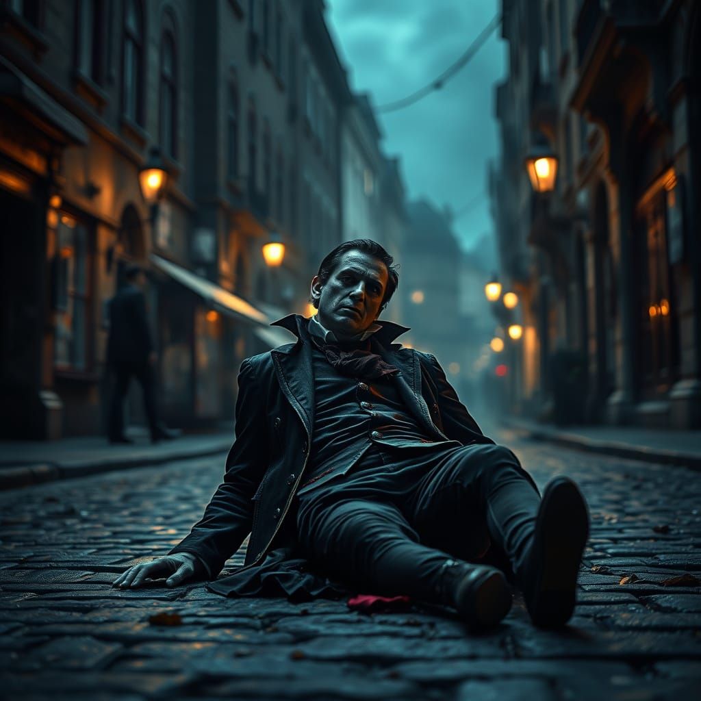 Vampire in Victorian Attire on Cobblestone Street