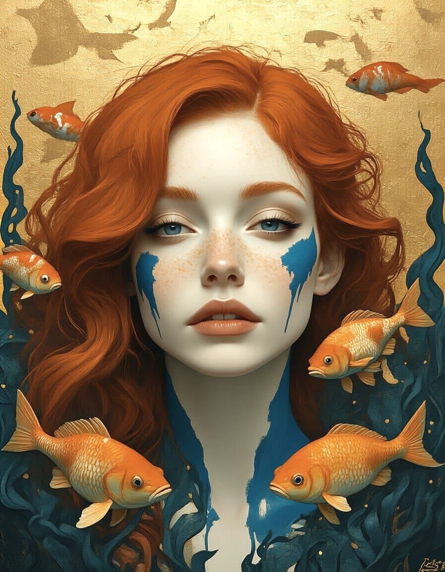 Blue Woman with Red Hair: Hyperrealistic Marine Fantasy