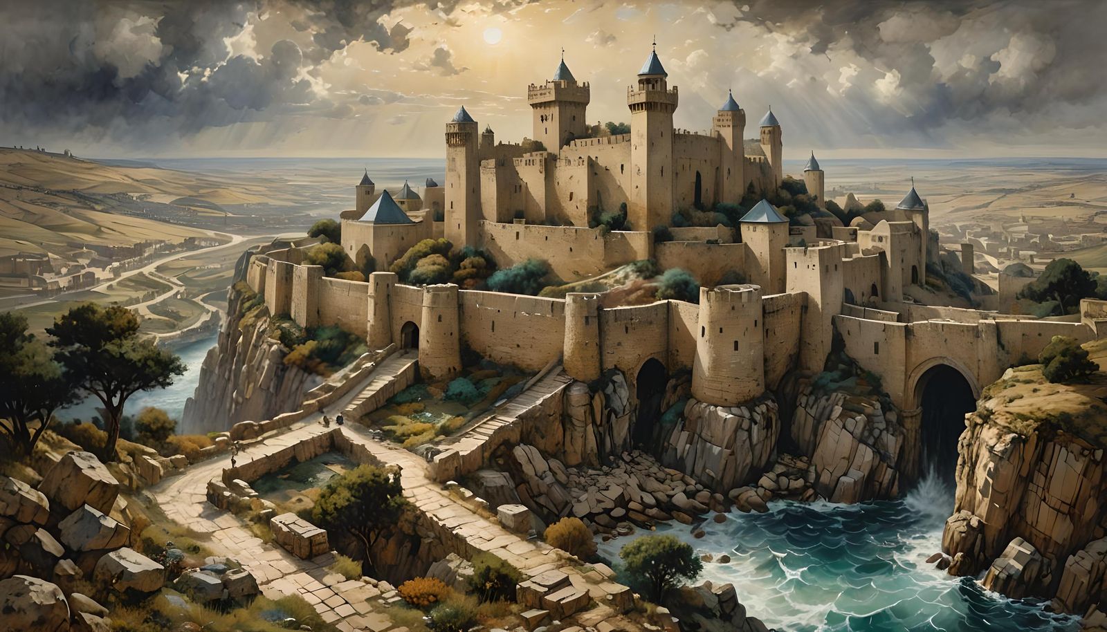 Ancient Fortress in Israel, Arthur Rackham Style