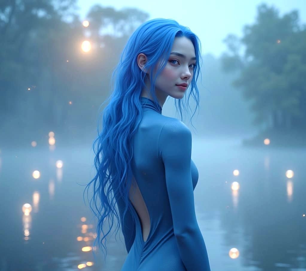 Slender Blue-Haired Man Stands on Misty Lake Shore