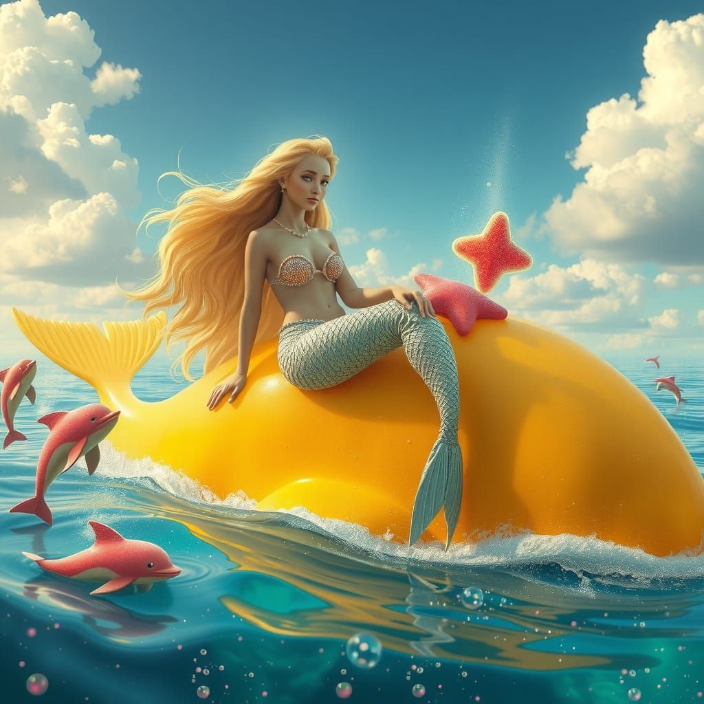 Mermaid Lounging on Gummy Whale in Dreamlike Style