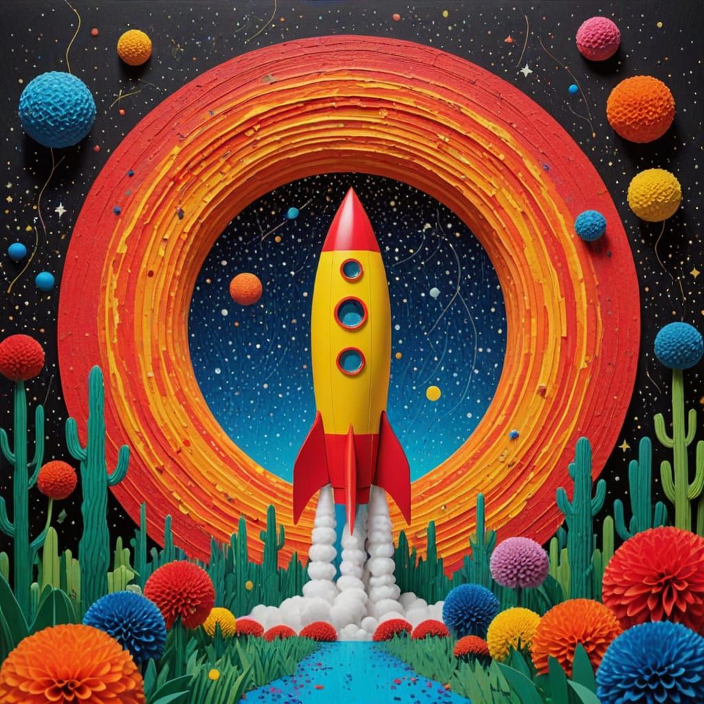 Neon Rocket Diorama in a Cosmos of Glowing Stars