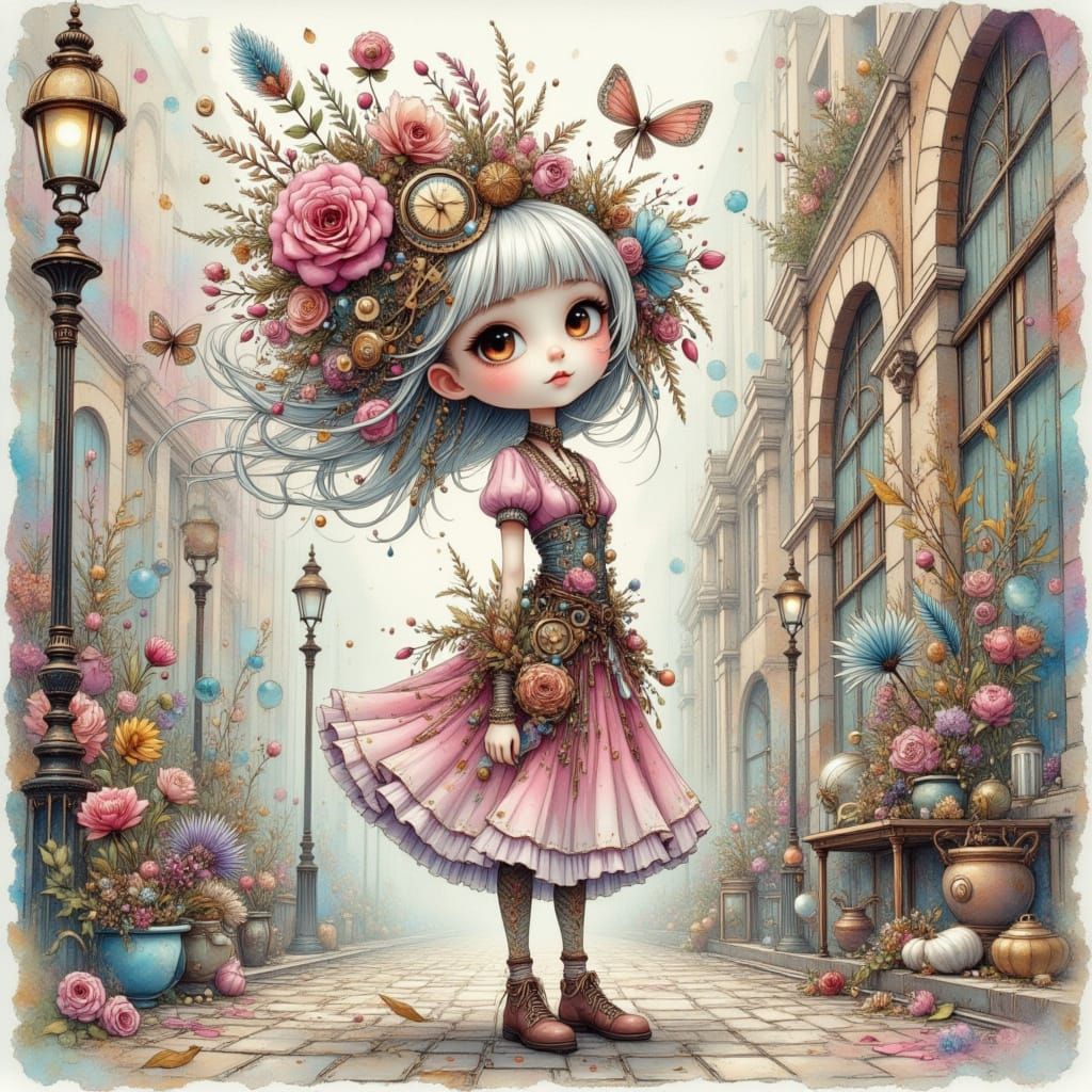 Steampunk Flower Seller in Pen and Ink Style