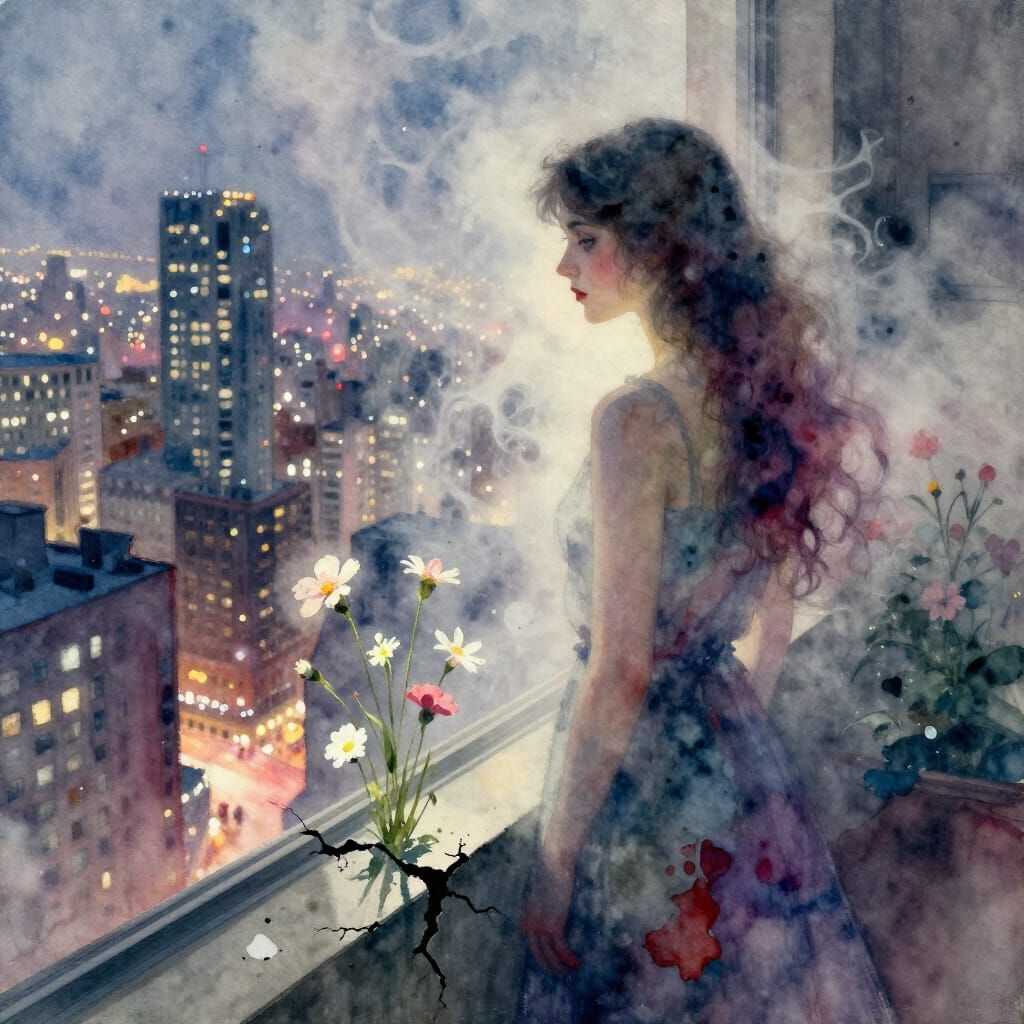 Ethereal Woman Gazes Over Misty Cityscape in Surreal Waterco...