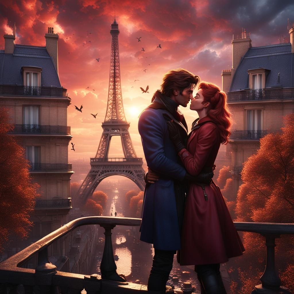 Jean Grey and Gambit Kiss in Paris, Digital Art