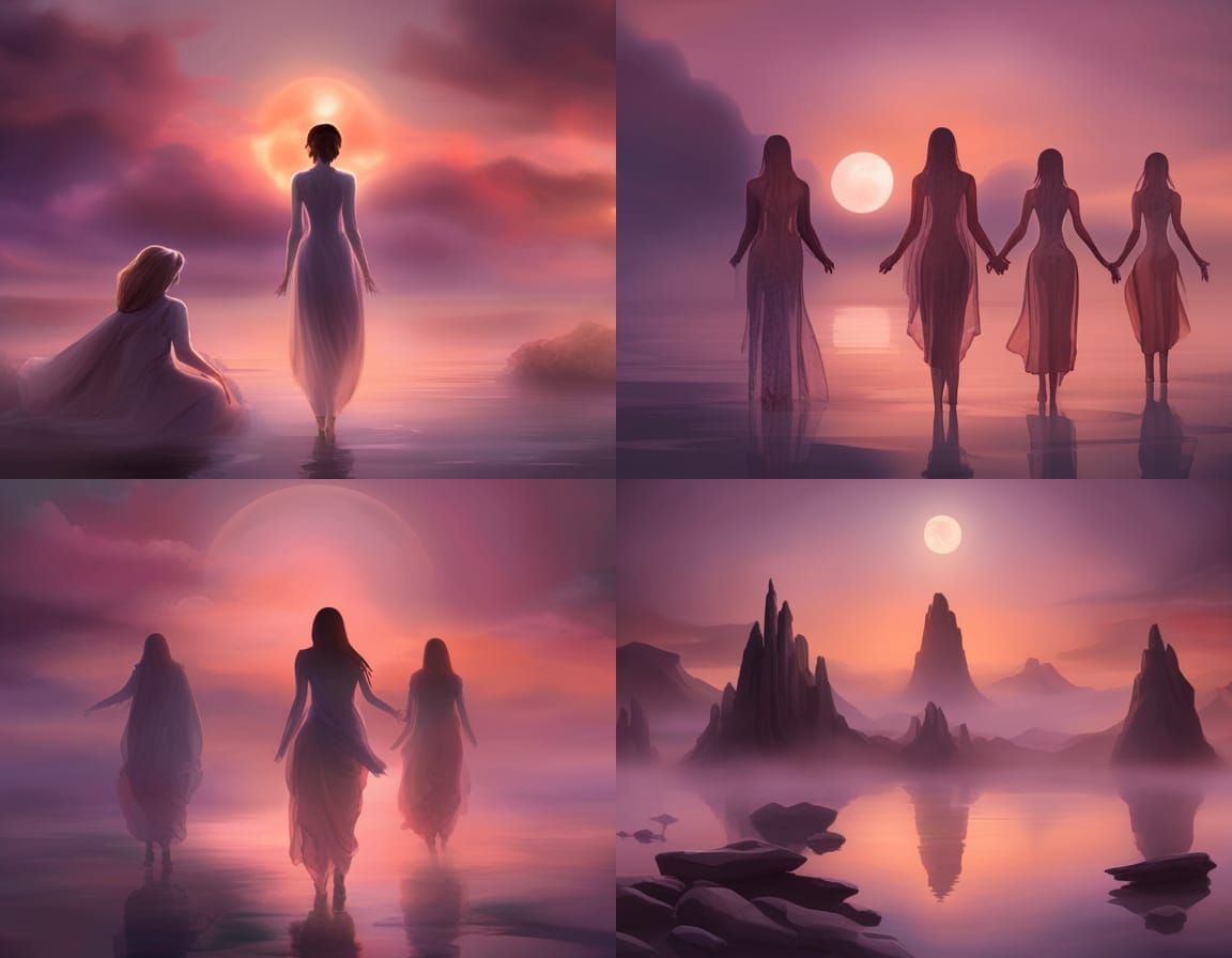 Mysterious Figures Rise from Crystalline Lake, Fantasy Art