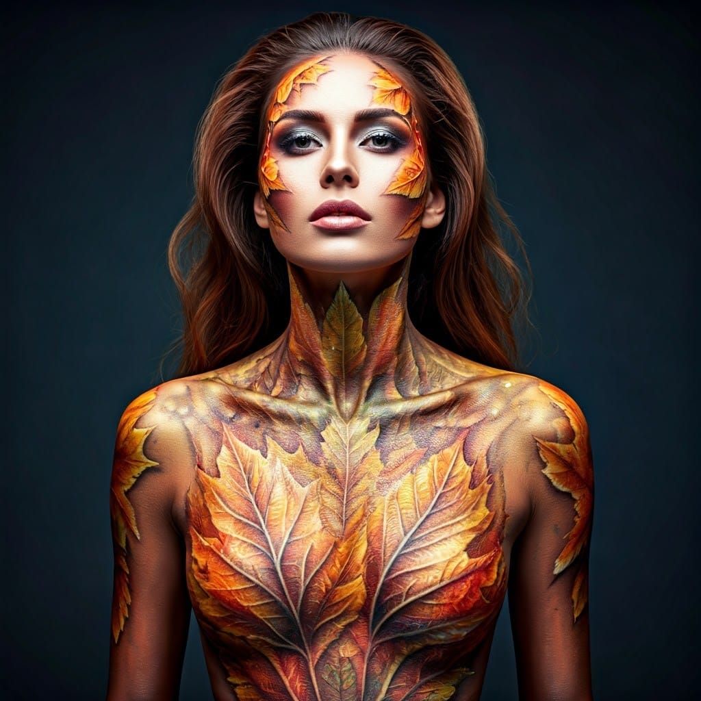 Woman Painted as Falling Autumn Leaves