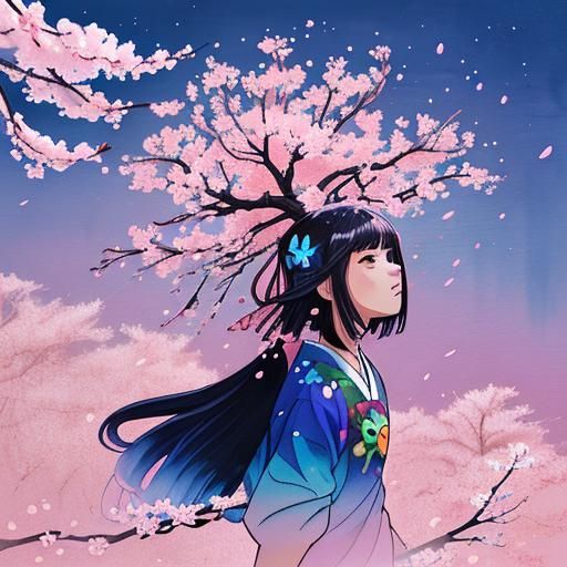 Sakura Tree with Butterflies in Color Splash Style