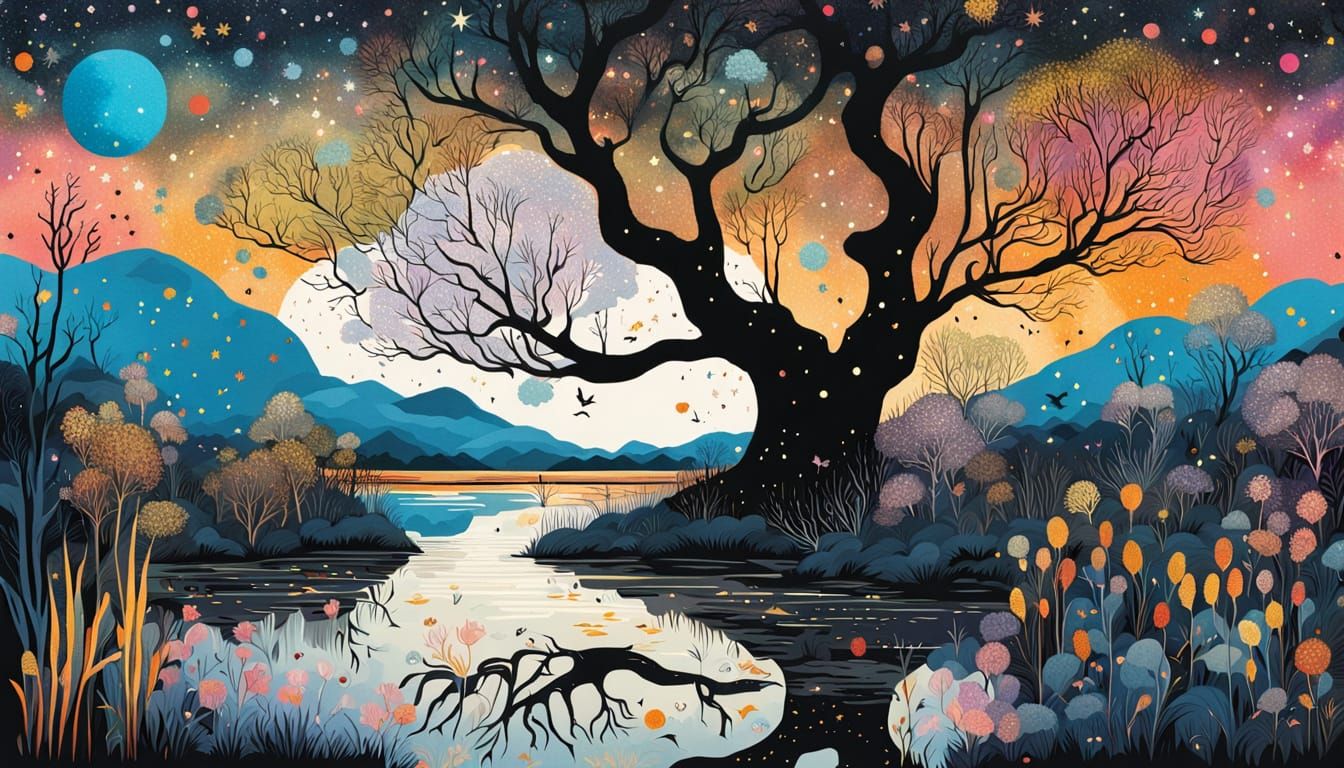 Surreal Fluorescent Wetlands Illustration