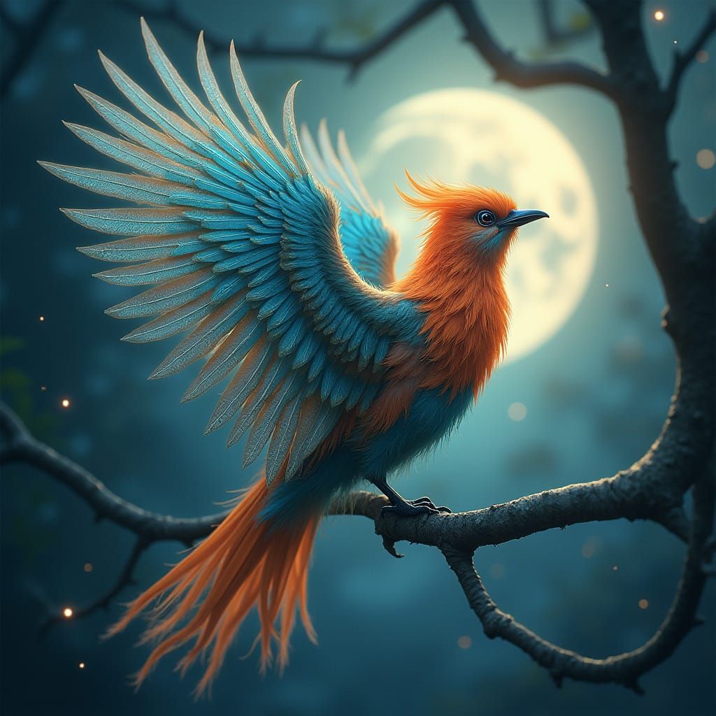Magical Bird with Iridescent Wings in Ethereal Moonlight