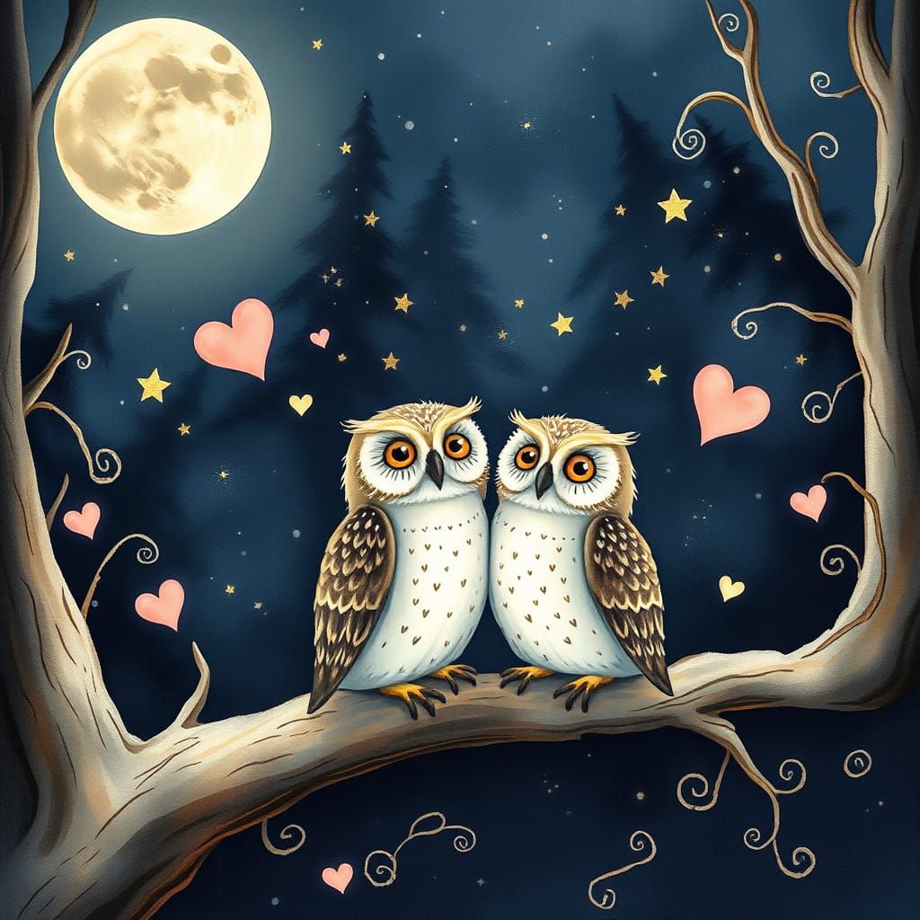 Whimsical Moonlit Forest Scene of Two Owls