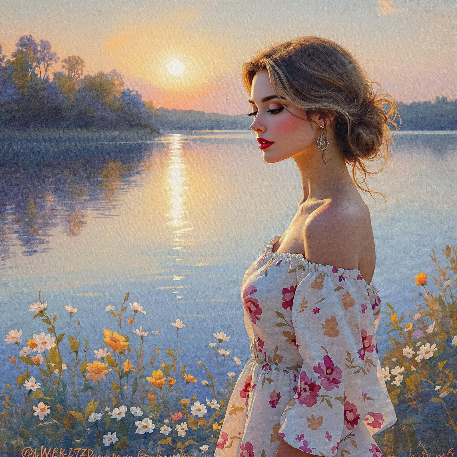 Impressionist Woman Standing by Serene Lakeshore at Sunrise