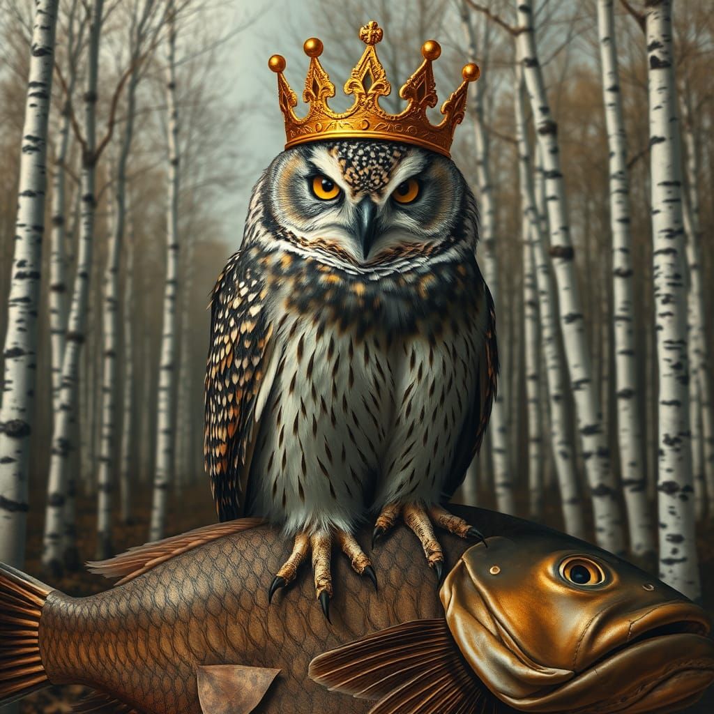 Owl with Crown on Fish, Dürer-Style Painting