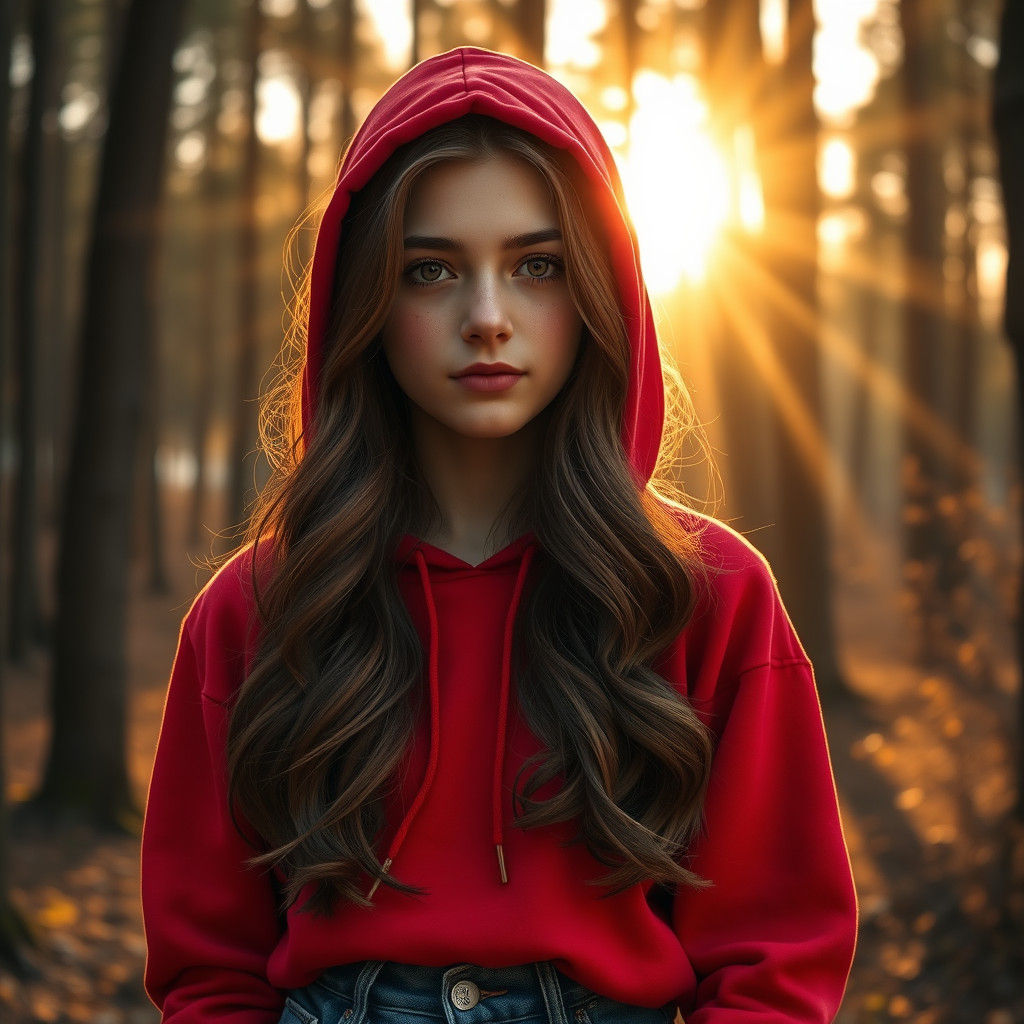 Girl in Red Hoodie, Forest Sunset, Fantasy Concept Art