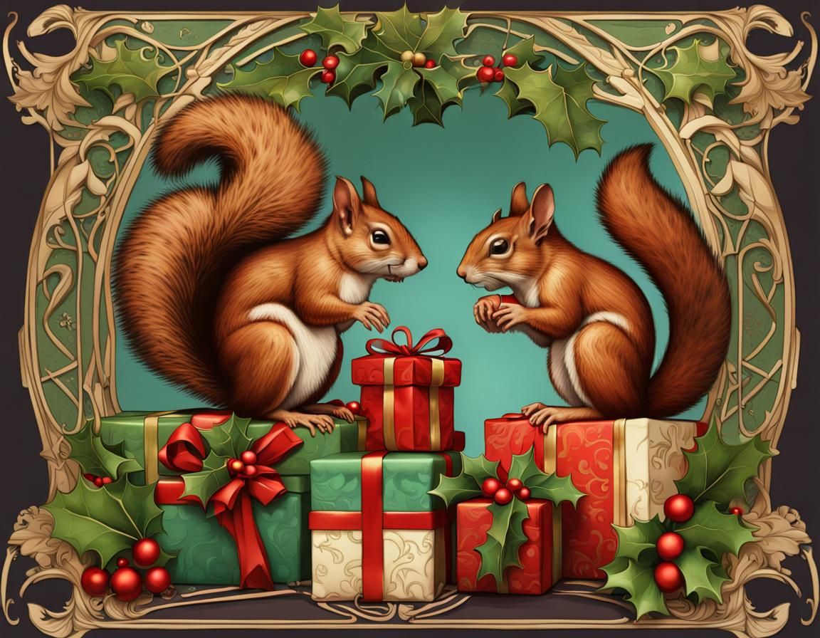 Art Nouveau Christmas Squirrels on Gifts