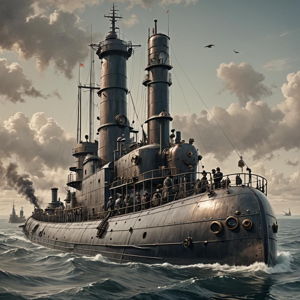 Steampunk Ironclad Submarine on the Ocean