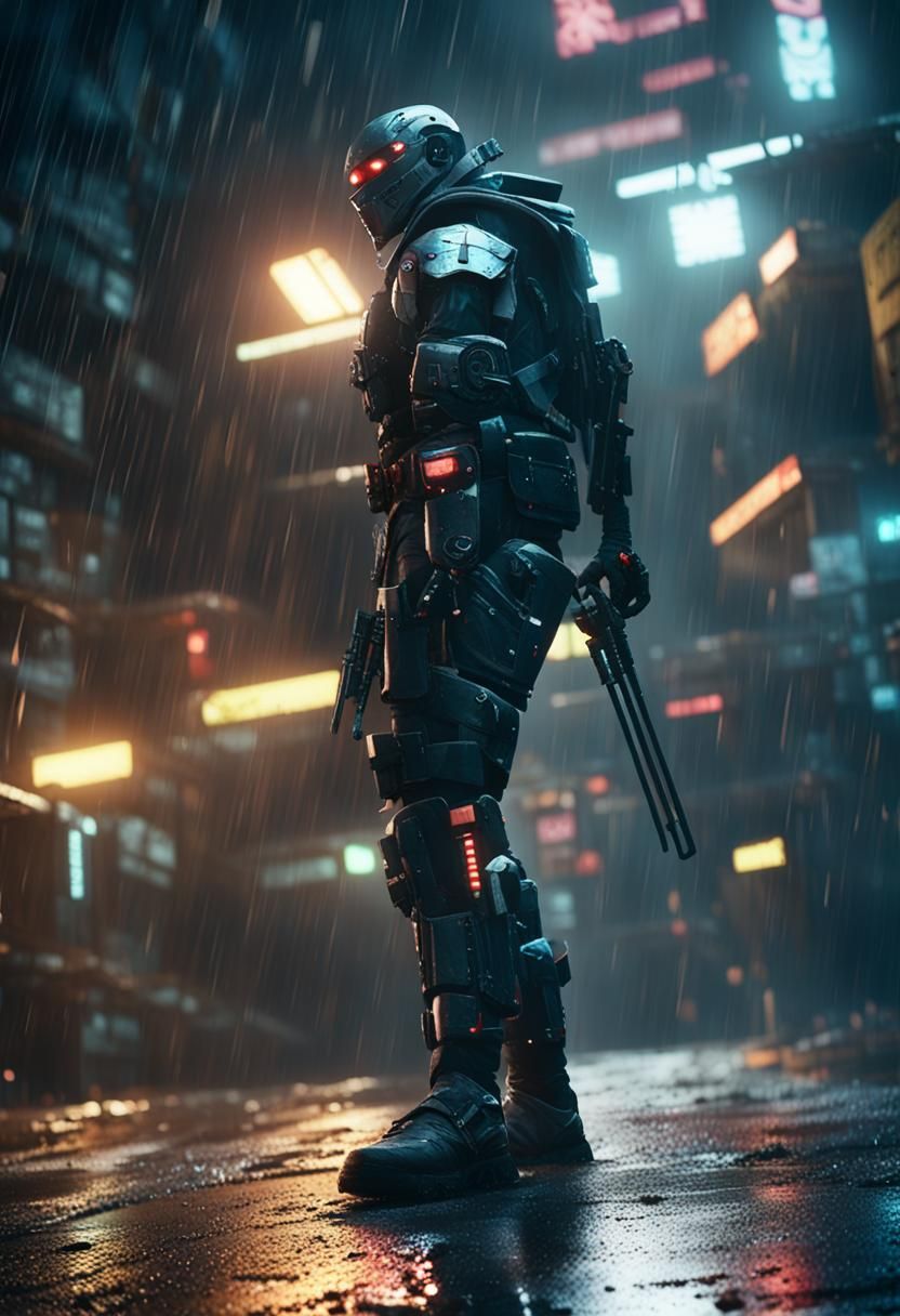 Cyborg Ninja in Rain-Soaked Alleyway, Cinematic Lighting