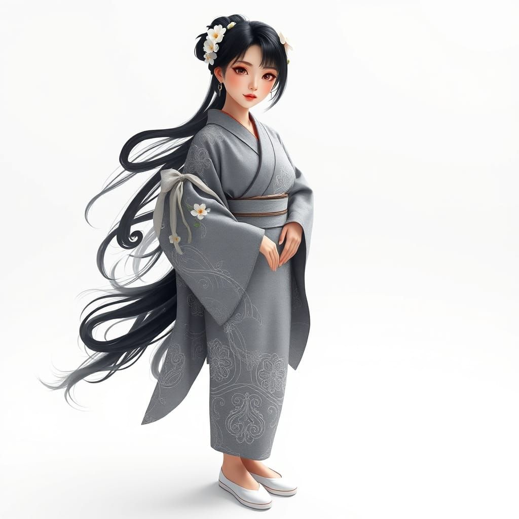 Stunning Japanese Woman in Elegant Kimono, against Brilliant...