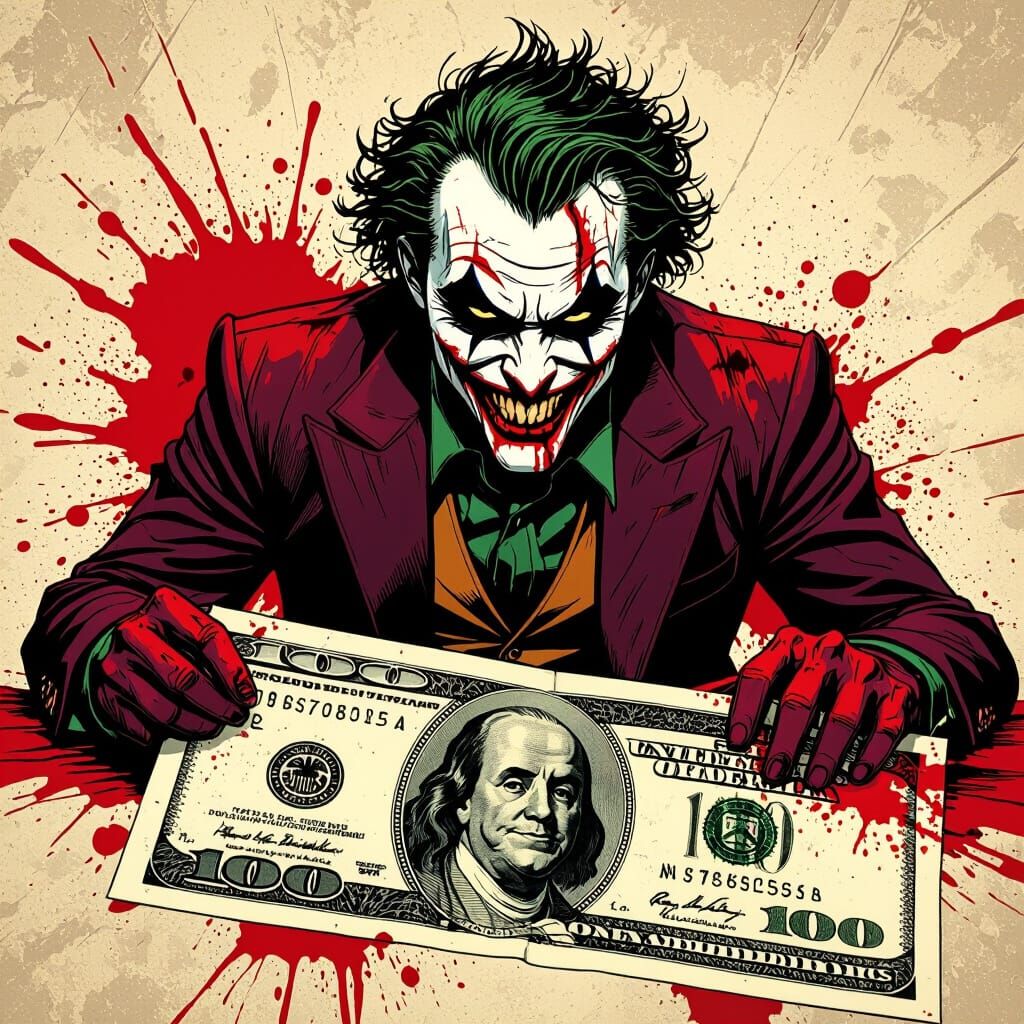 Menacing Joker on Torn Bill, Comic Book Style