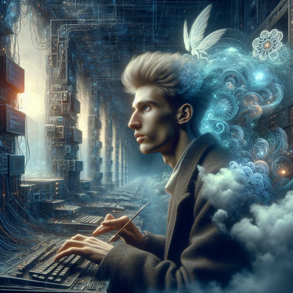 Coding Young Man in Ethereal Cloud: Matte Painting