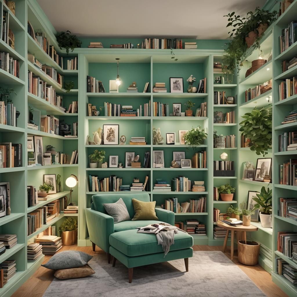 Cozy Modern Reading Nook with Mint Bookshelves
