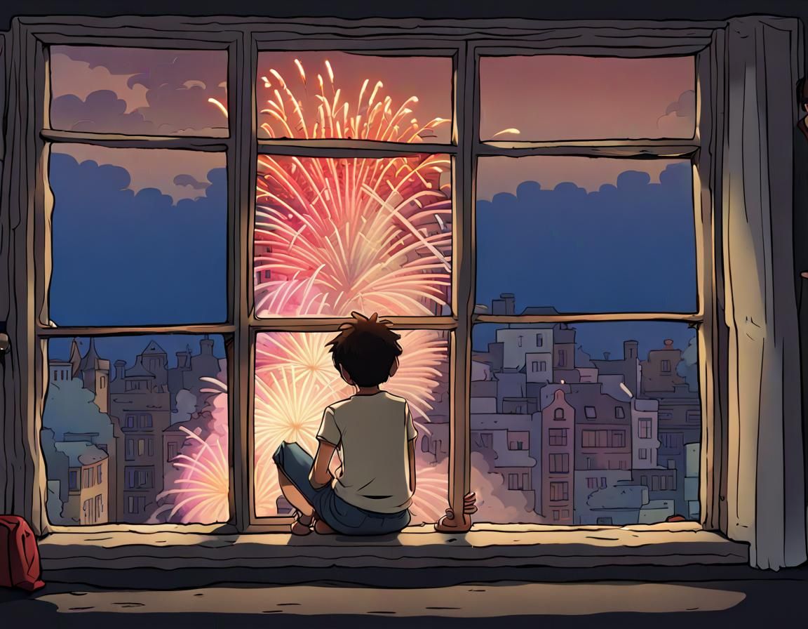 Lonely Boy's Midnight Fireworks: Ghibli-Inspired Scene
