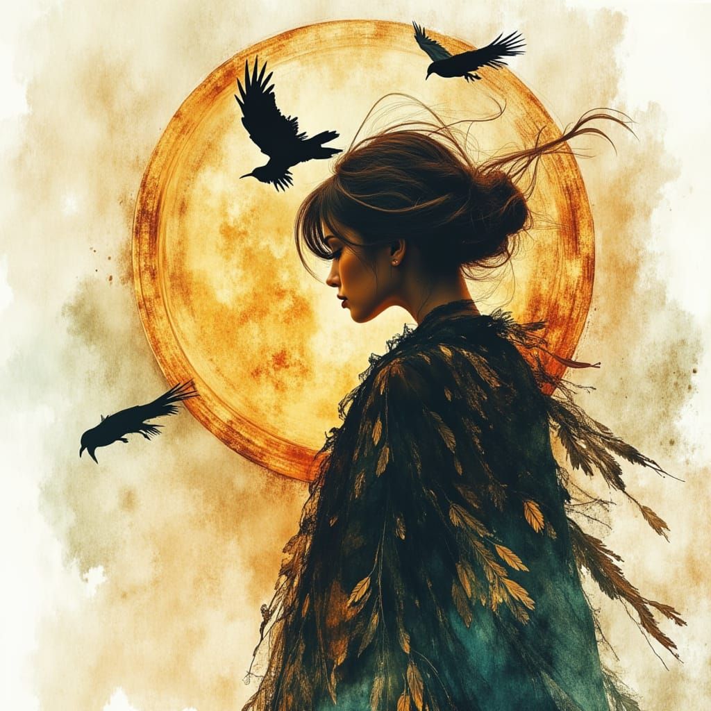 Woman Cloaked in Feathers with Ravens at Sunrise