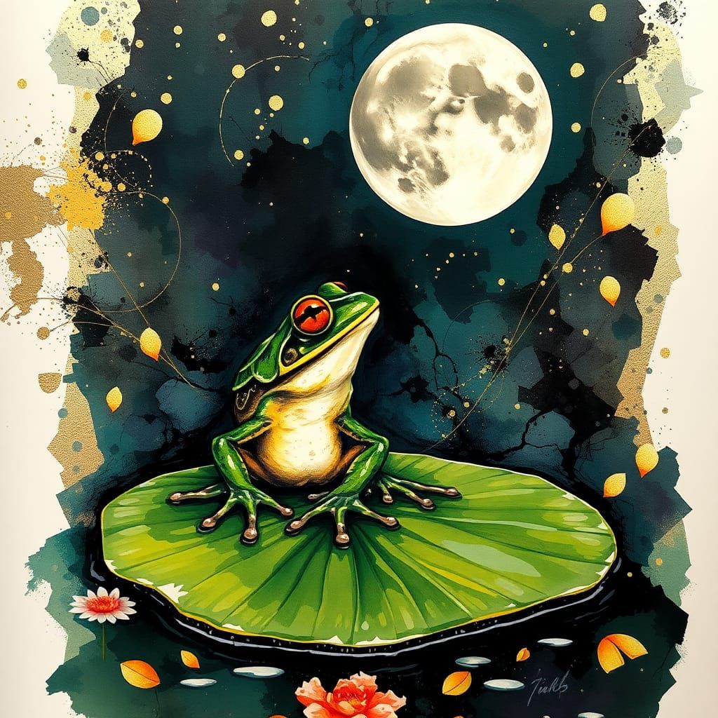 Steampunk Frog Gazing at Moon, Alcohol-Ink Marbling
