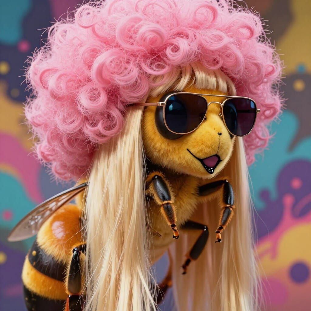 Hyperrealistic Bee with Pink Afro and Sunglasses