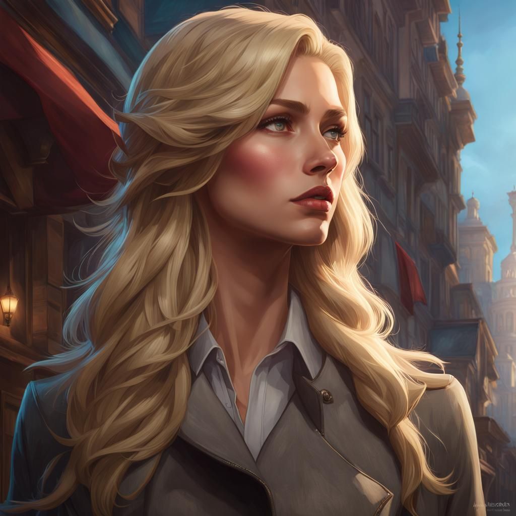 Detective and Blonde Woman Portrait, Hyperdetailed Art