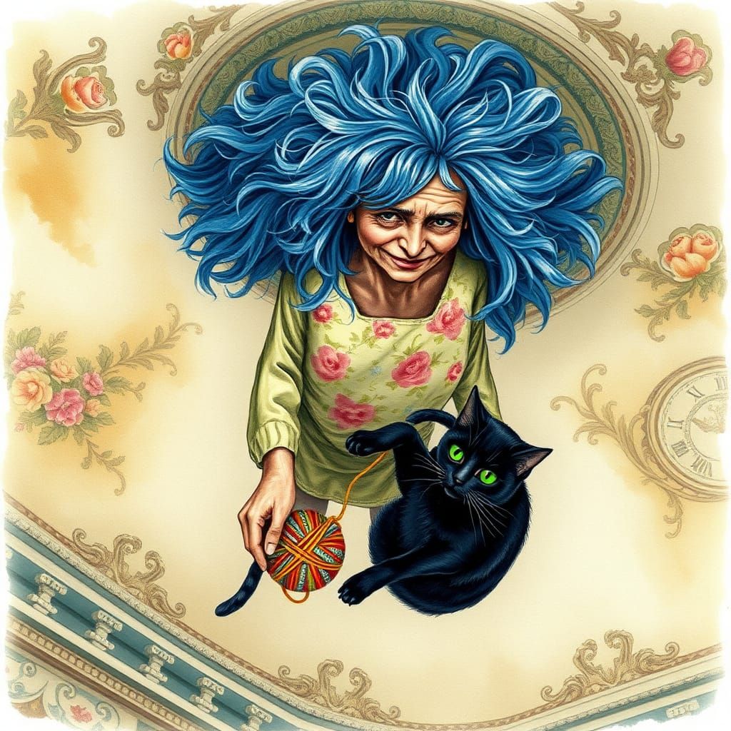 Upside Down Granny with Cat in Watercolor Style