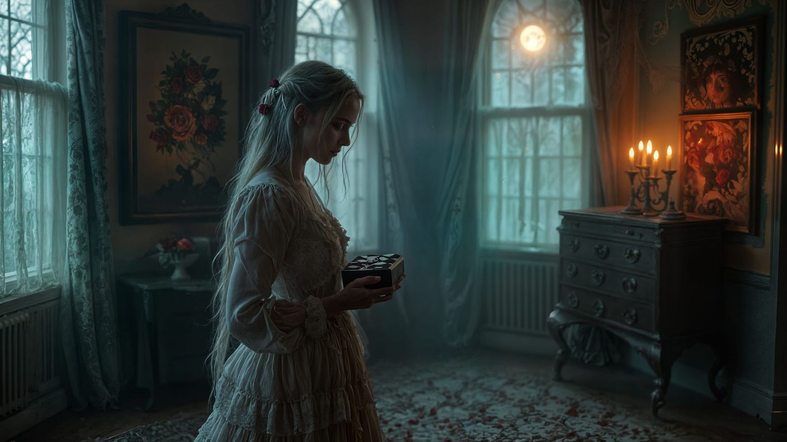 Ghostly Victorian Woman in Candlelit Parlor