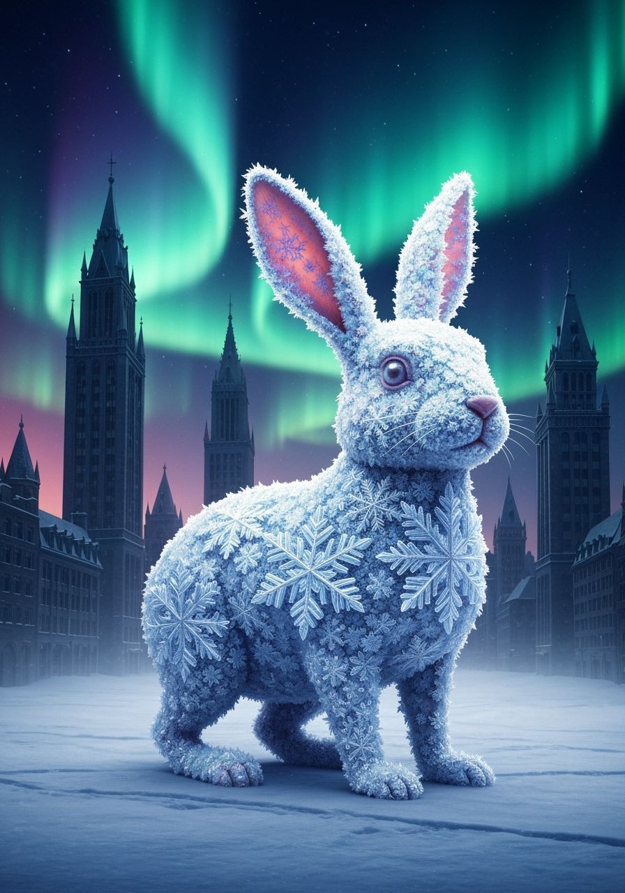 Rabbit Made of Iridescent Snowflakes in Gothic Cityscape