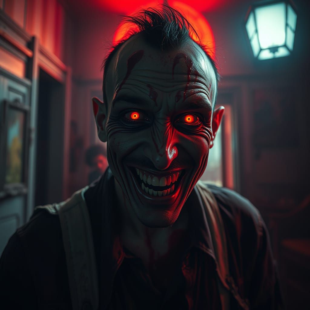 Eerie Portrait: Bloody Man with Red Glowing Eyes