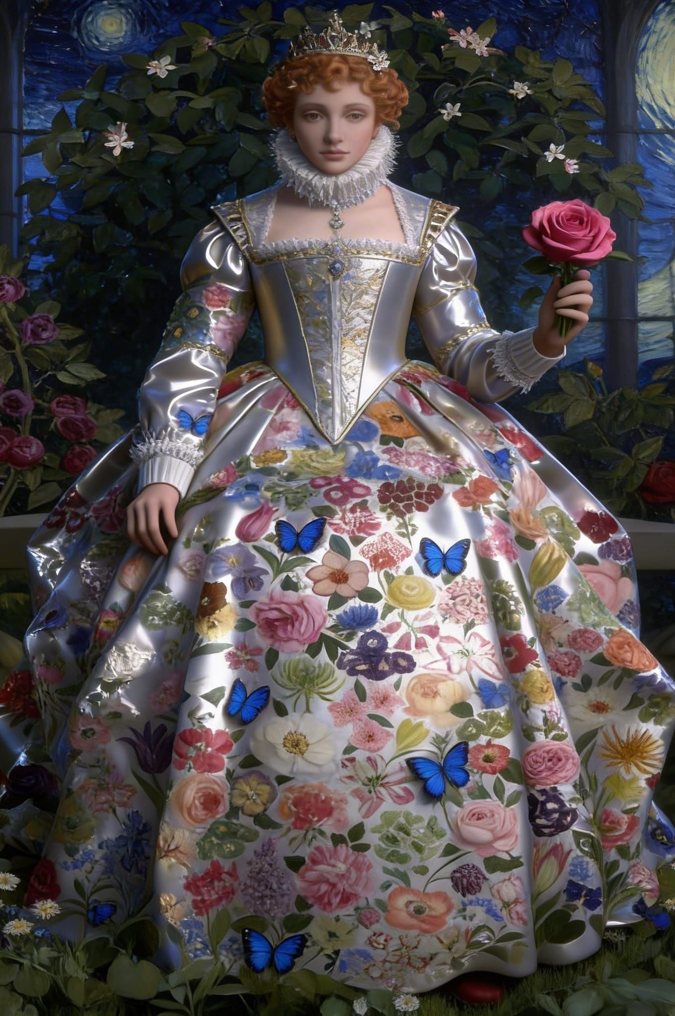 English Queen Holding Rose in Stained Glass Garden