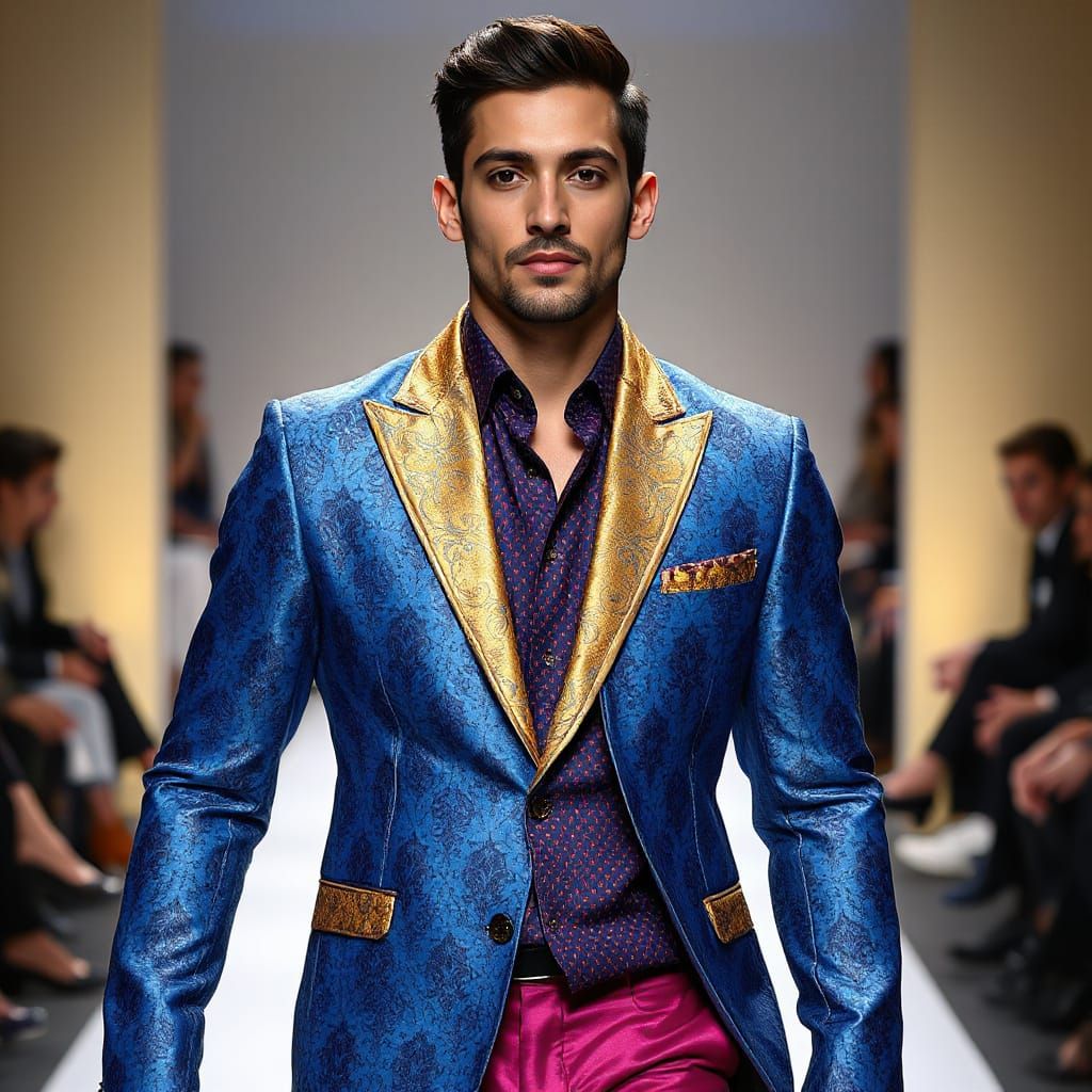 Dashing Male Model Struts Down a Vibrant Runway