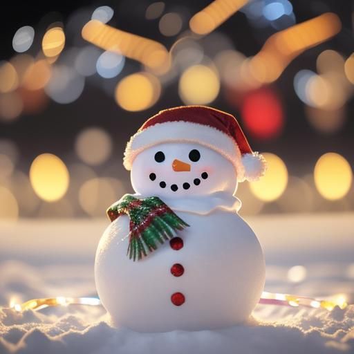 Cute Snowman with Christmas Lights and Bokeh